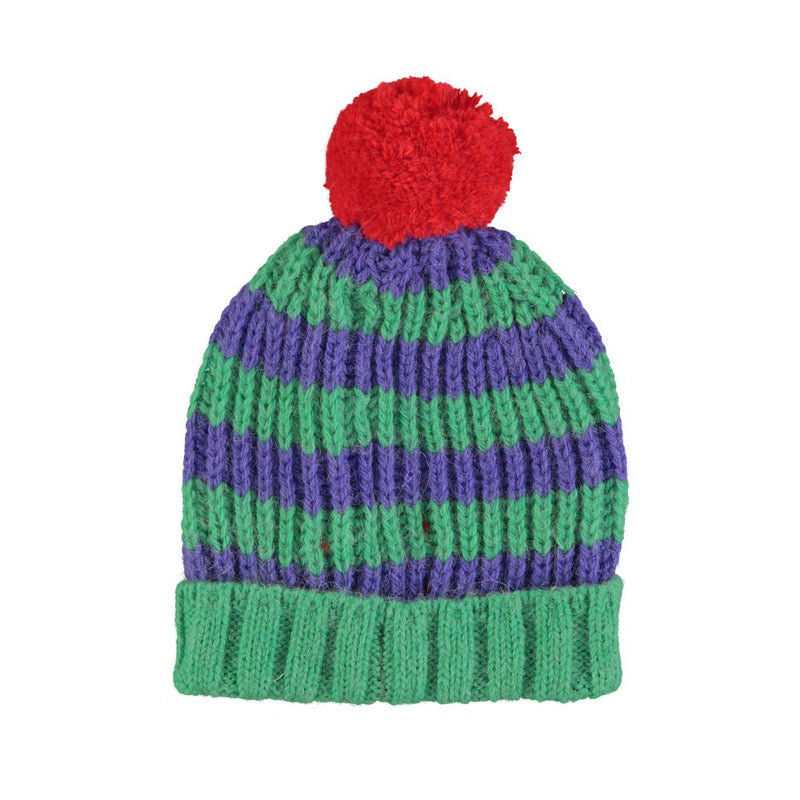 PiuPiuchick Knitted Hat Pompon/Green & Purple Stripes