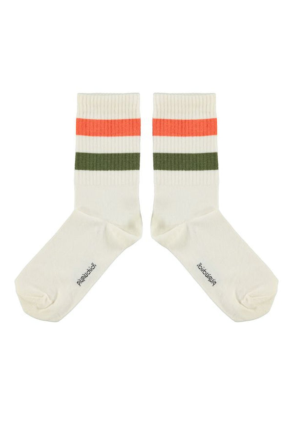 PiuPiuchick Socks Ecru w/ Green & Orange Stripes