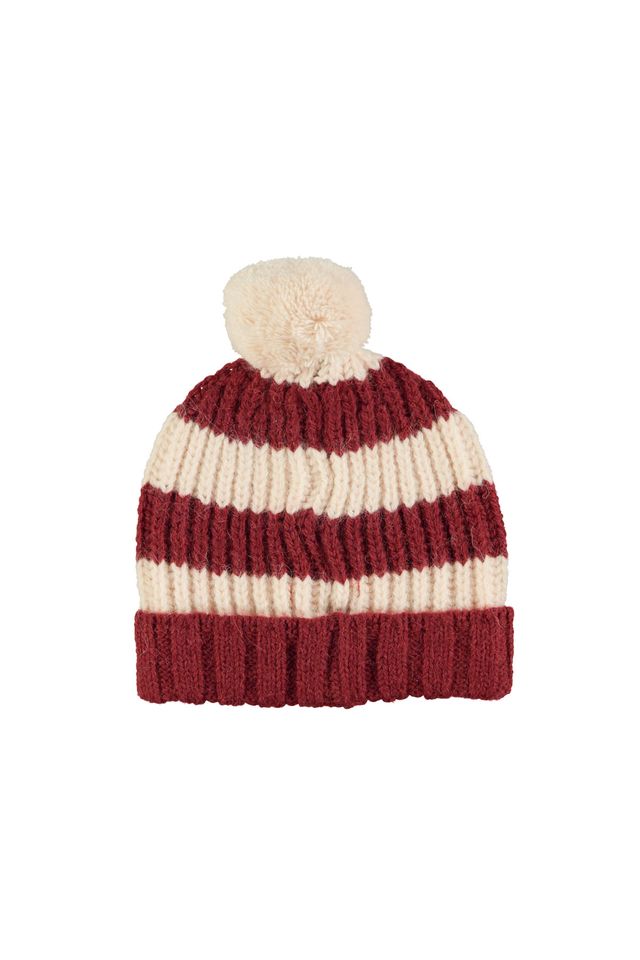 PiuPiuchick Knitted Hat w/ Pompon Bordeaux & Light Pink Stripes