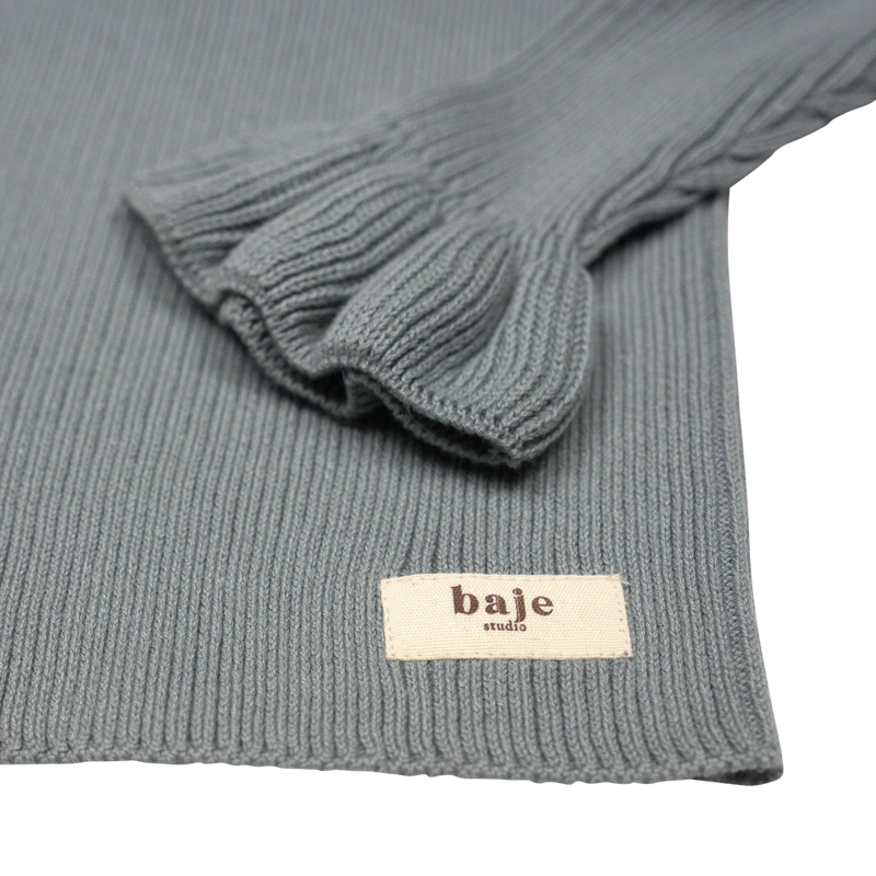 Baje Bow Knitted Rib Ruffle Top Greyish Blue