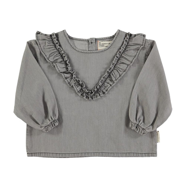 PiuPiuchick Blouse V-Neck Ruffles Grey Chambray