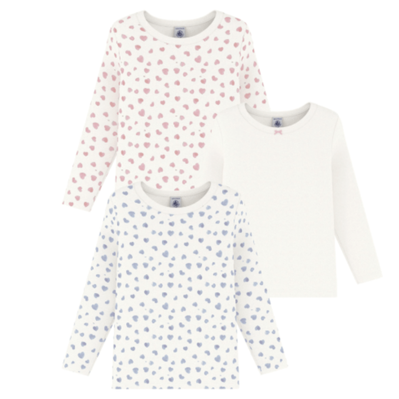 Petit Bateau Set van 3 hemdjes met lange mouwen en hartjesprint