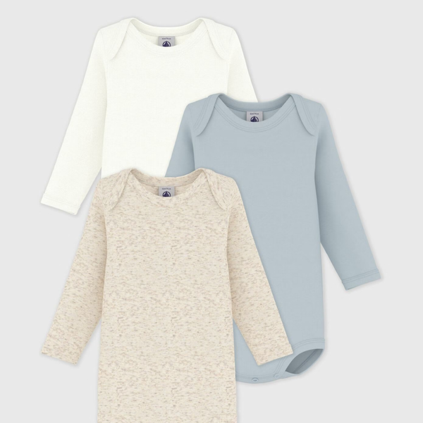 Petit Bateau Set van 3 effen katoenen body's met lange mouwen