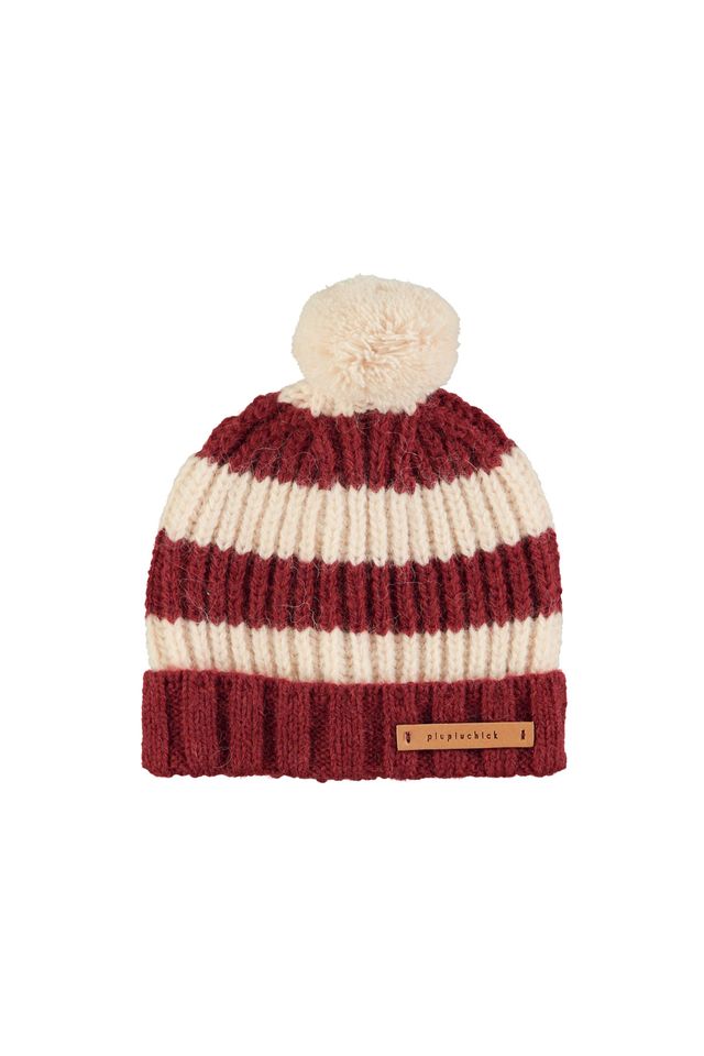 PiuPiuchick Knitted Hat w/ Pompon Bordeaux & Light Pink Stripes
