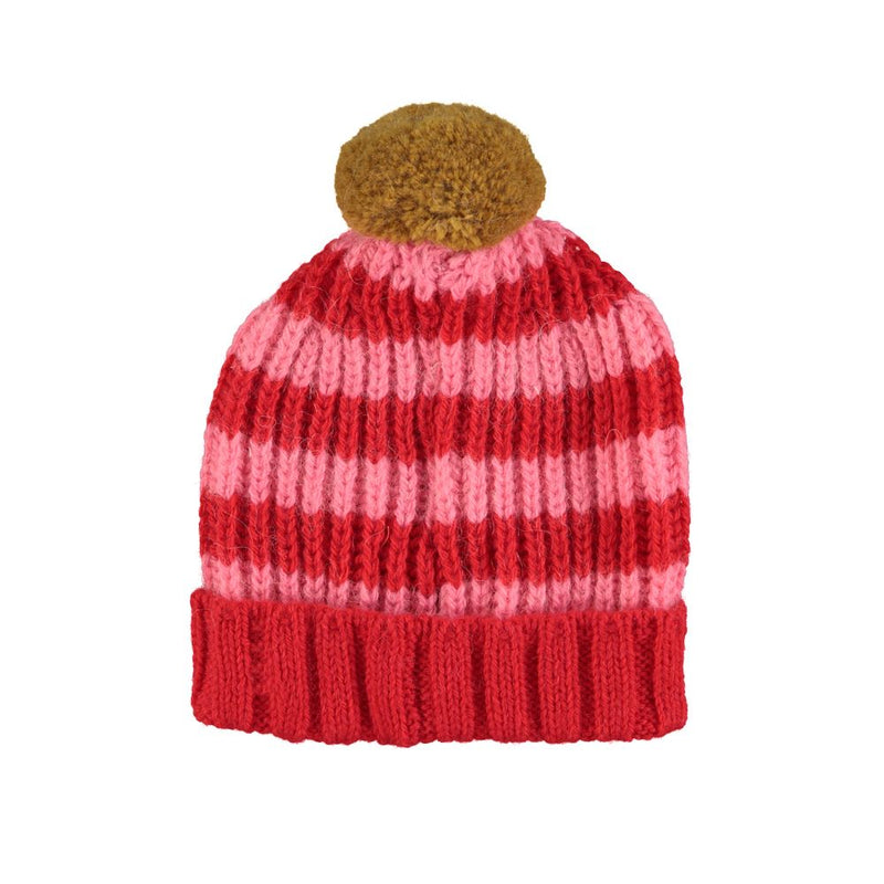 PiuPiuchick Knitted Hat Pompon/Red & Pink Stripes