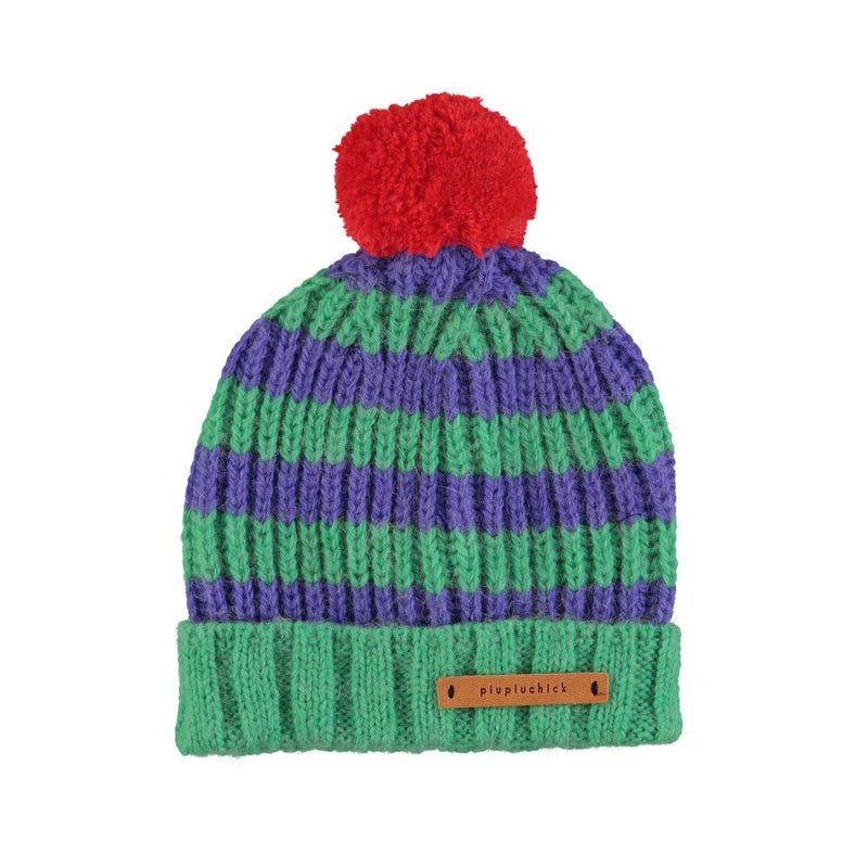 PiuPiuchick Knitted Hat Pompon/Green & Purple Stripes