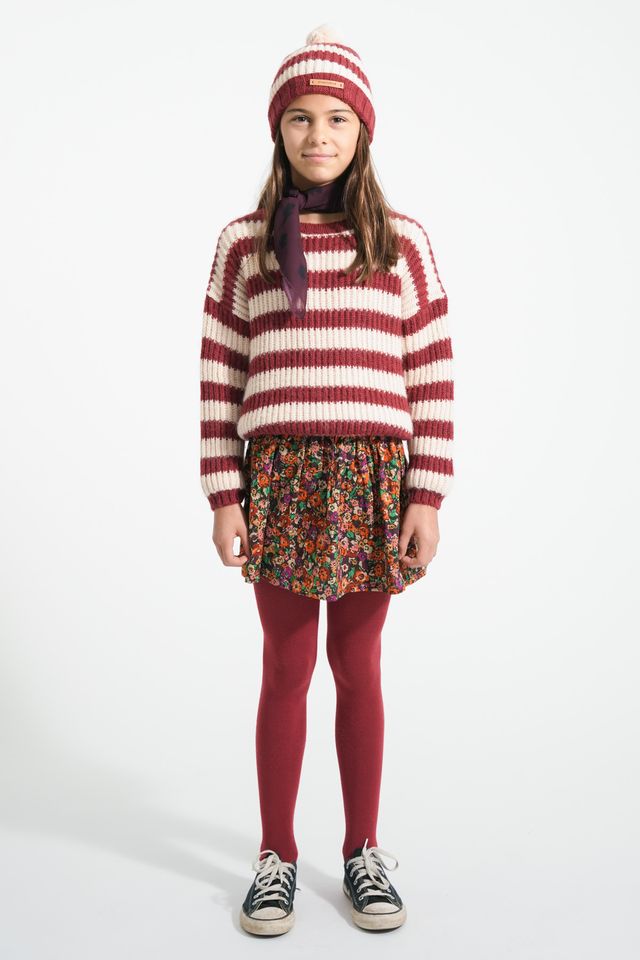 PiuPiuchick Knitted Hat w/ Pompon Bordeaux & Light Pink Stripes