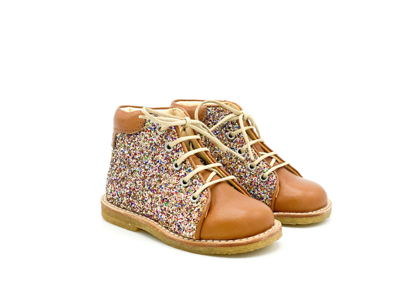 Angulus Eerste Veterschoen Cognac Glitter (maat 19-23)