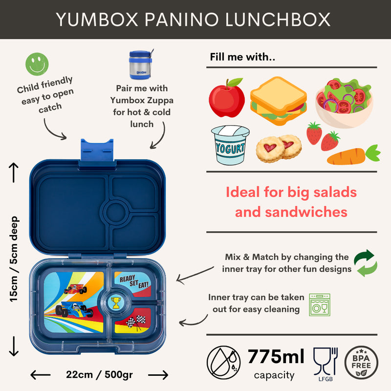 Yumbox Panino 4-Vakken Monte Carlo Blue/Race Cars Tray