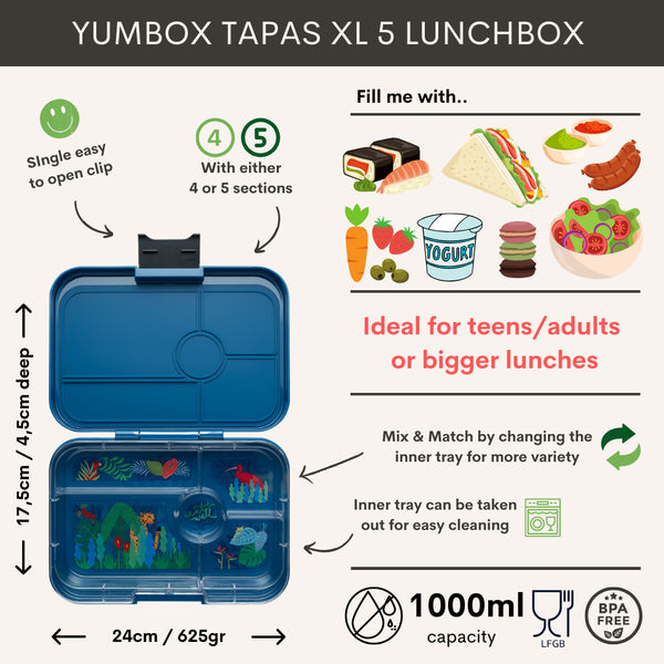 Yumbox Tapas XL 5-vlakken Monte Carlo Blue/Jungle Tray