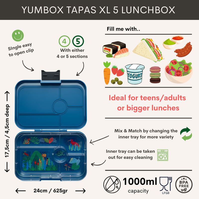 Yumbox Tapas XL 5-vakken Monte Carlo Blue/Jungle Tray