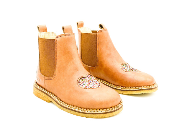 Angulus Chelseaboot Glitter Heart Cognac (maat 26-30)