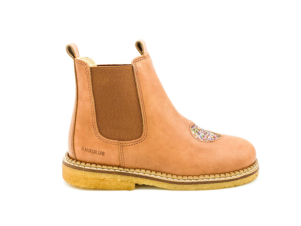 Angulus Chelseaboot Glitter Heart Cognac (maat 26-30)