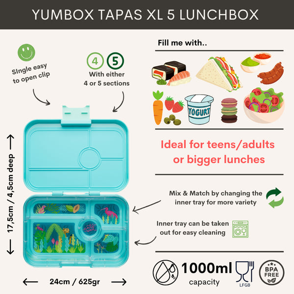 Yumbox Tapas XL 5-vlakken Antibes Blue/Jungle Pastel Tray