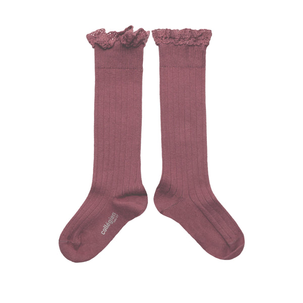 Collegién Kniekousen Met Kant Joséphine Raisin Rose