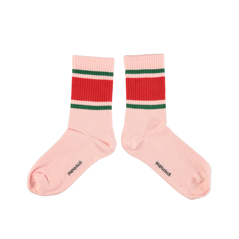 PiuPiuchick Socks Pink w/Red & Green Stripes