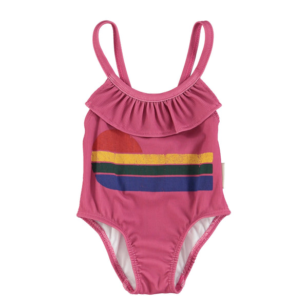 PiuPiuchick Swimsuit Ruffles Aubergine w/Multicolor Wave Print